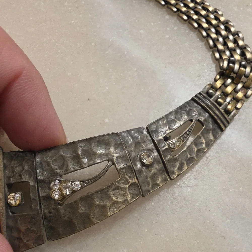 Vintage Art Deco Style Statement Necklace Hammered Metal Crystal Choker - Picture 5 of 12